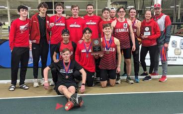 Photo courtesy of Melissa Ward - Members of Panther men’s track and field are pictured with their runners- up plaque at the 3A state Championship in Winston-Salem Feb. 10.