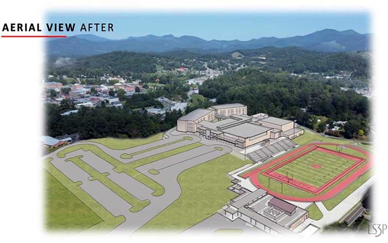 Photo courtesy MCS/LS3P - The Board of Commissioners have approved moving forward with bids for a new stadium at Franklin High School and the design process for a new school. Pictured is a graphic depicting the layout of the new school as presented in October 2022.