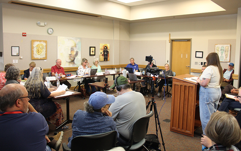 Press photo/Shelby Powell - The Fontana Regional Library Board of Trustees listens to public comment on the proposed Collection Development Policy.