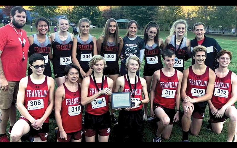 Photo submitted Franklin’s boys cross-country team won its first conference title since 2014, while the girls finished third. Front row, from left: Hunter Cabe, Ethan Farrell, Nathan Stamey, Ethan Stamey, Andrew Garrison, Aiden Carpenter, Nik Payne. Back row: assistant coach Walter Dailey, Olivia Owl, Mykayla McClure, Ava May, Hailey Bryant, coach Rita Esterwood, Maria Sgro, Dylan Garcia, assistant coach Kyle Brown.