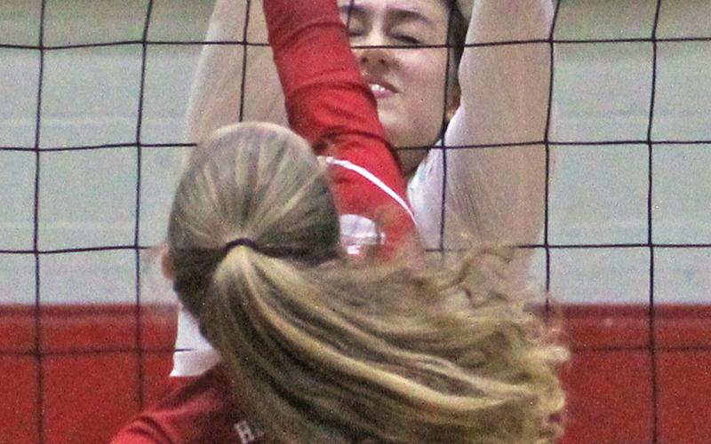 Press photo/Andy Scheidler - Franklin senior Maitlyn Rewis blocks a shot during Monday’s semifinals match against Hendersonville. Rewis was one of three FHS players named to the all-tournament team.