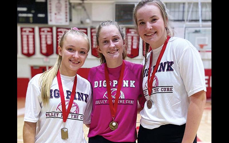 Photo submitted - Seniors, from left, Adrianne Duvall, Rhiley Bryson and Alison Knop were recognized last week for their career statistical achievements. “They deserved that night,” FHS coach Bekah Brooks said.