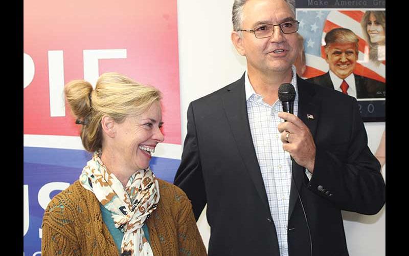 Jake Browning/Franklin Press - Karl Gillespie is joined by his wife, Janet, at Saturday’s announcement in Franklin.