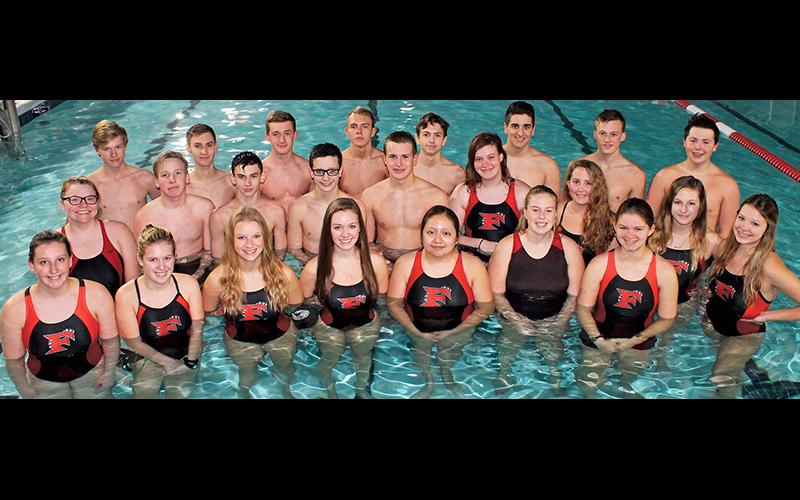 Press photo/Andy Scheidler - A dozen swimmers make up each of Franklin’s swim teams: Front row, from left: Taylor Harrell, Nya Canzone, Callie Roper, Claire Holland, Roselyn Sanchez, Ocean Anderson, Ilah Williams, Deaven Lombard. Middle row: Olivia Stahl, Isaiah Stockton, Blake Cassada, Hunter Cabe, Joseph Vernelson, Taylor Lawrence, Teri Martin, Lauryn Basham. Back row: Landon Shaw, Jacob Cabe, Clayton Guynn, Caden Tyler, Luke Borgmann, Michael Frazier, Traveler Shaw, Kyler Cochran.