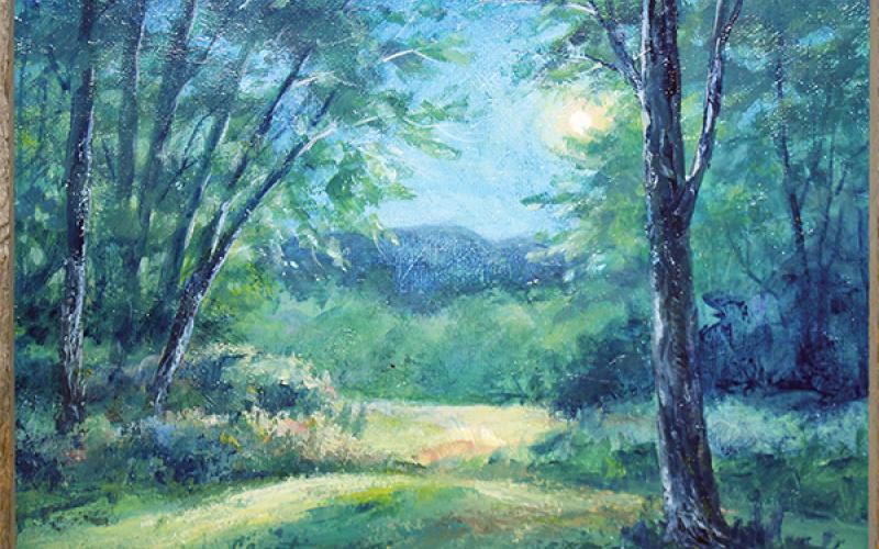 “In the Stillness,” Carol Conti - What would Bartram have felt to be at peace in the woods after a day of traveling, maybe sketching and writing his notes by campfire light? … ‘In the Stillness’ is that moment that I would imagine William Bartram could have experienced, at one with nature.”