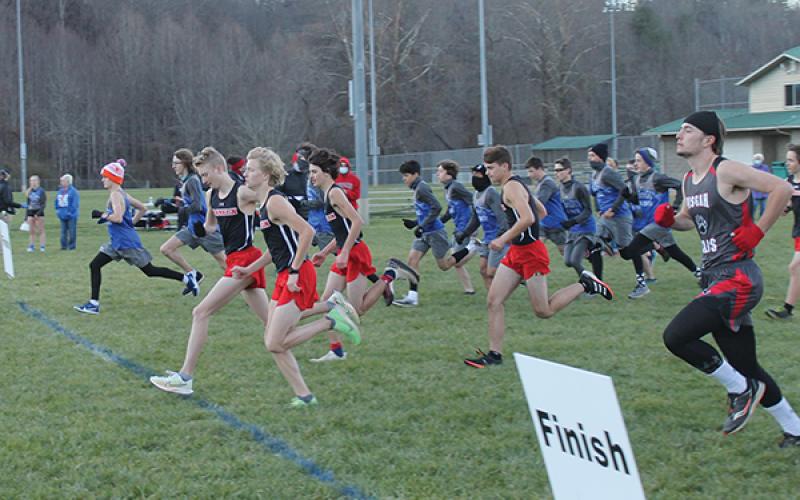 Press Photo/Will Woolever - FHS boys cross-country athletes burst out of the gate in a recent meet at Smoky Mountain High School.