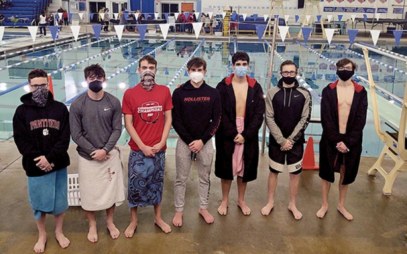 Photo submitted Franklin boys swim team members (from left) Hunter Cabe, Clayton Guynn, Caden Tyler, Joe Vernelson, Michael Frazier, Josh Vernelson and Luke Borgmann are pictured at the state 2-A West Regional Meet Feb. 5. The team will represent Franklin at the state meet Feb. 12.