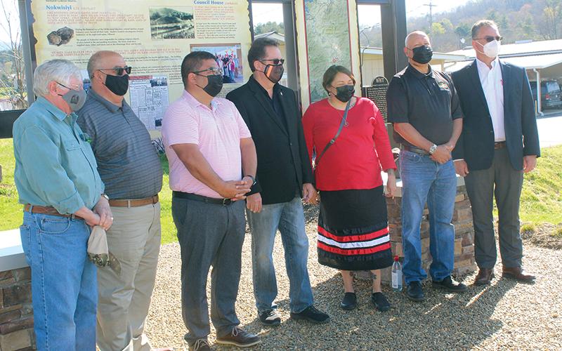 Press photo/Jake Browning Local leaders gathered at the Nikwasi Mound on Monday morning to celebrate its history and discuss its future. From Left: Bob Scott, Perry Shell, Adam Wachacha, Kevin Corbin, Chelsea Saunooke, Tom Wahnetah, Karl Gillespie.