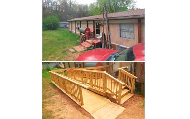 The Macon County Housing Department installed a ramp to accommodate the homeowner’s accessibility needs; the top photo shows the home’s entrance prior to the ramp’s construction. The Healthy Homes initiative will fund home repairs for low-income families. The county’s housing department, Macon Program for Progress and the Highlands Rotary Club received grants totaling $145,000 to make home improvements.
