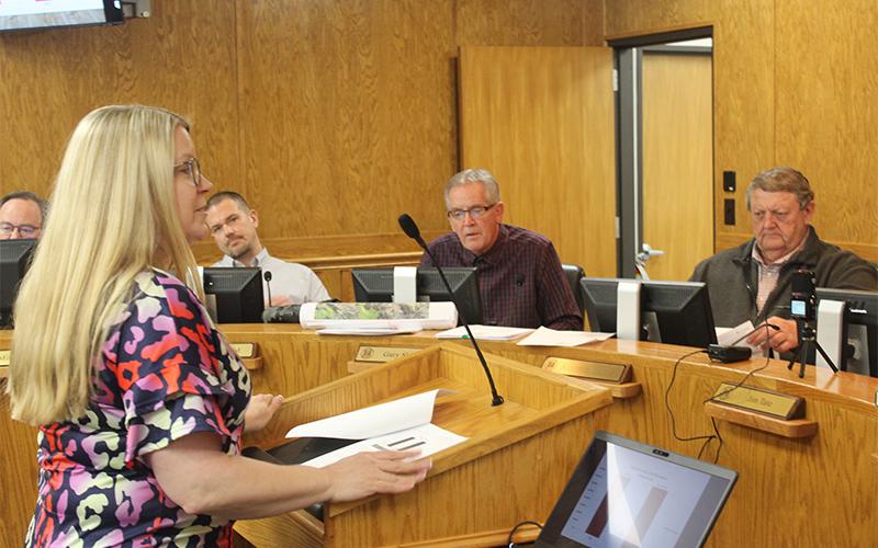 Press photo/Jake Browning County Finance Director Lori Carpenter addresses the Board of Commissioners as they begin the 2022-2023 budget process.