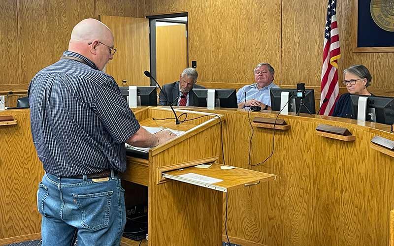 Press photo/Mia Overton - Bob Cook addresses the Board of Elections during the hearing regarding his election protest on May 31.