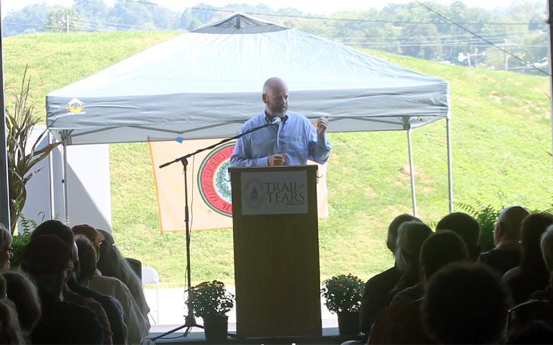 Press photo/Will Woolever Macon County Board of Commissioners Chairman Jim Tate speaks at the Trail of Tears Conference at the Nikwasi mound in downtown Franklin.