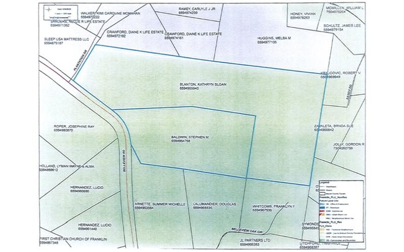 Source: Town of Franklin.  The Town Council voted 3-2 on Feb. 6 to rezone the two properties outlined in blue as commercial.