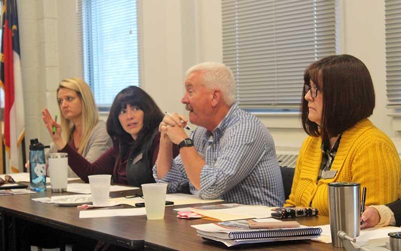 Press photo/Thomas Sherrill - Macon County Board of Education members attend a budget workshop on March 14. Pictured (from left) are Diedre Breeden, Hilary Wilkes, Chair Jim Breedlove and Vice Chair Melissa Evans.