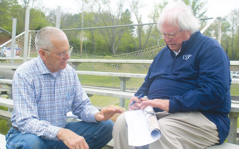 Press photo/Thomas Sherrill Macon County Board of Commissioners Chair Paul Higdon and LS3P Architect Paul Boney speak about Phase One of the Franklin High School project during a site vision on Thursday, April 13.