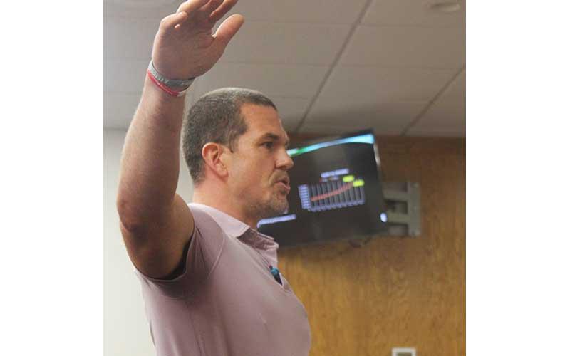 Photo/Thomas Sherrill - County Manager Derek Roland makes a point during his 2023-24 budget presentation to the Macon County Commissioners during a May 23 meeting.
