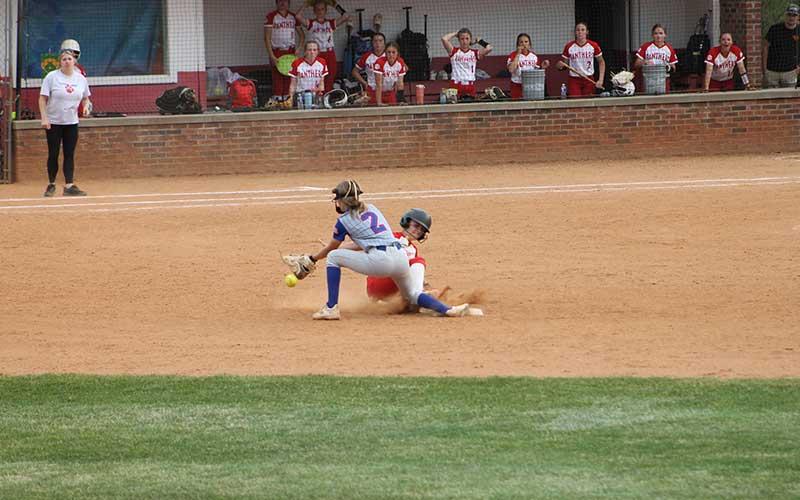 Catcher Kamden Reis slides into second base during the Blue Ridge Athletic Conference Championship game at Macon Middle School May 11.