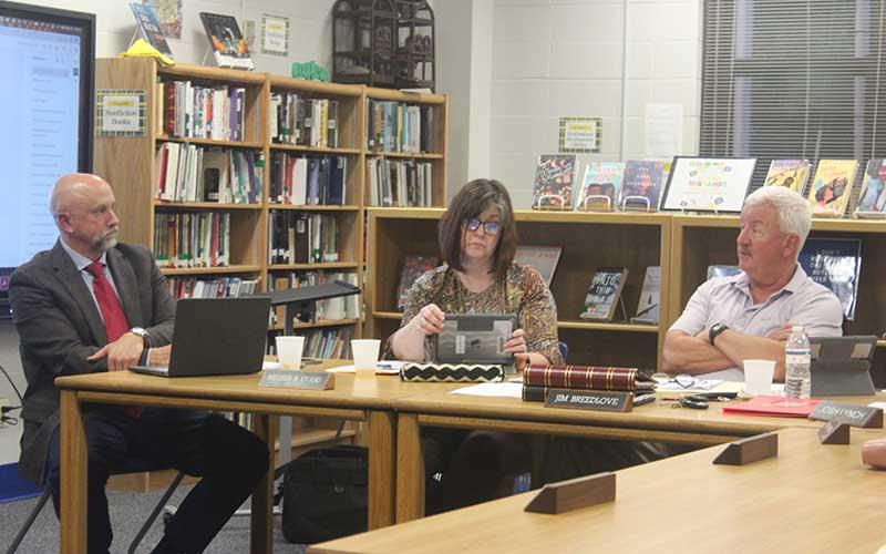 Press photo/Thomas Sherrill - The Macon County Board of Education met Sept. 25 at Highlands School. Pictured (from left) are board attorney John Henning, board member Hilary Wilkes and Chair Jim Breedlove.