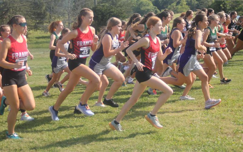 Press photo/Will Woolever Franklin’s female cross country runners leave the starting line in their first meet of the season at Rabun Gap.