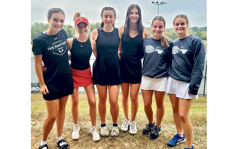 Photo courtesy of Heather Bell - Franklin’s top six singles players are pictured at the Mountain Seven Conference Tournament in Hendersonville. From left are Kate Phillips, Abigail Angel, Logan Guynn, Maci Stork, Laura Holland and Lydia Holland.