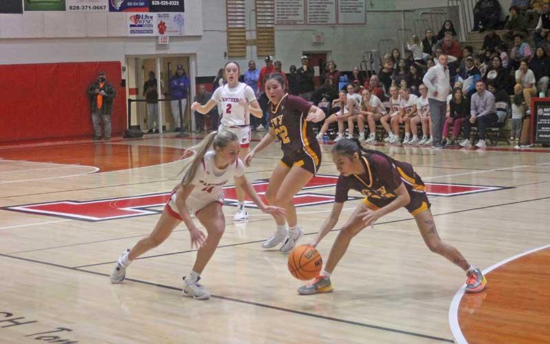 Press photo/Will Woolever - Junior guard Aubrey Haley pressures a Cherokee Brave on Tom Raby Court Nov. 30.