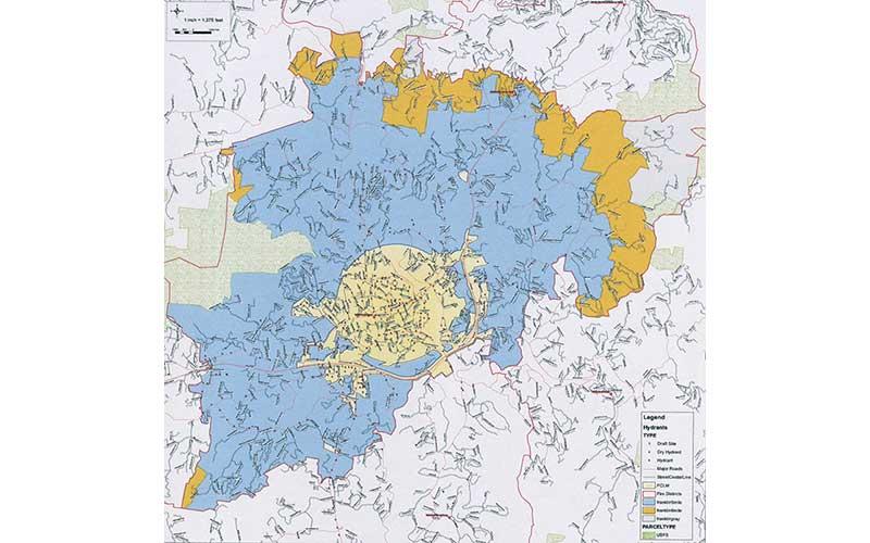 Map/Town of Franklin - Map showing the Franklin Fire Department district. The light area within the circle is the Town of Franklin. The blue is the five-mile response area, and the orange designates the six-mile response area.
