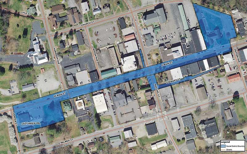 Map/Town of Franklin - The Franklin Main Street social district, highlighted in blue, will include Main Street between Town Hall and Lazy Hiker Brewing, Stewart Street, part of Philips Street and part of Iotla Street. The county properties are not included in the district.