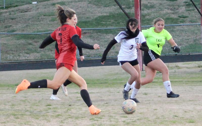 Press photo/Will Woolever.  Junior Teah Phillips catches East Henderson’s goalkeeper out of her net at the Panther Pit March 18.