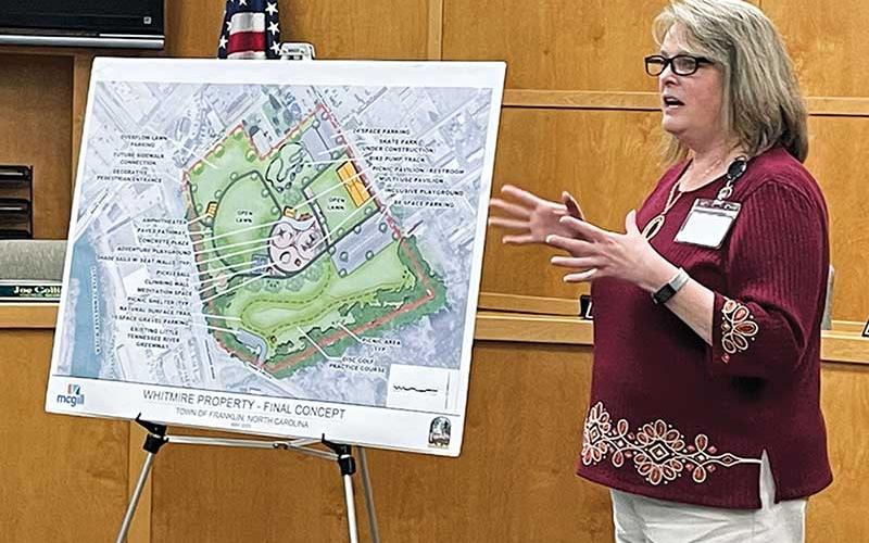 Press photo/Mia Overton - Franklin Town Manager Amie Owens reviews the plans for Phase 1 of the park on the Whitmire property during a public hearing on April 18. The town is applying for a $500,000 grant to help pay for installation of an inclusive playground.