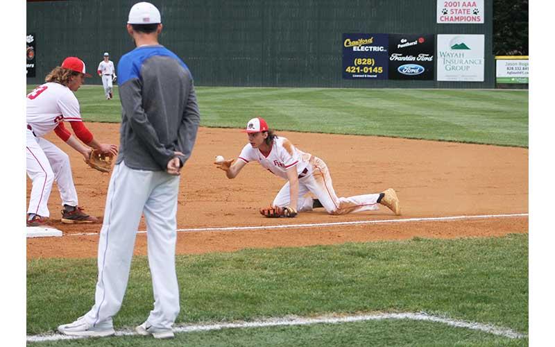 Press photo/Will Woolever - Senior first baseman Jaxon Hursey (right) flips the ball to senior pitcher Josiah Hursey versus Smoky Mountain at McConnell Field April 2.