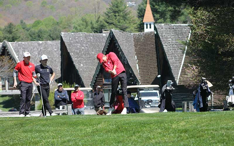 Press photo/Will Woolever - Sophomore Tanner Jones tees off on Hole 10 at Sky Valley Country Club during the Mountain Seven Conference Tournament April 22.