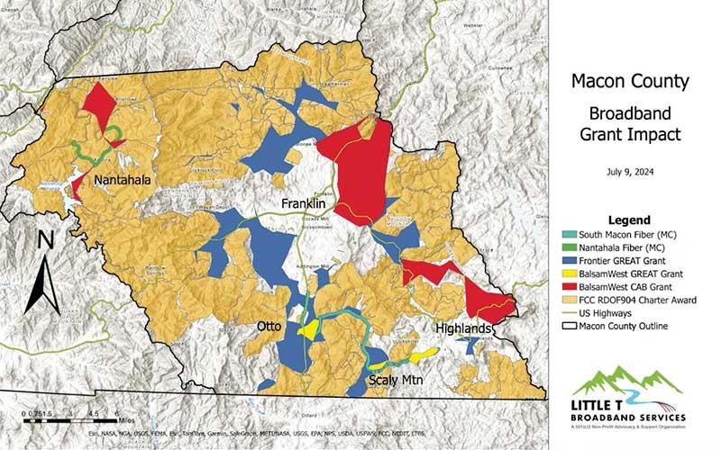 Source: Little T Broadband - A map of the broadband projects in Macon County, including the new BalsamWest CAB Grant in red, as of July 9, 2024.