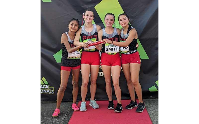 Press photo/Will Woolever - Franklin’s girls 1,600-meter relay team is pictured at the Adidias Outdoor National meet in Greensboro earlier this month. From left are Amy Mendoza Lopez, Rylee Cassada, Hope Smith and Michelle Ortega.