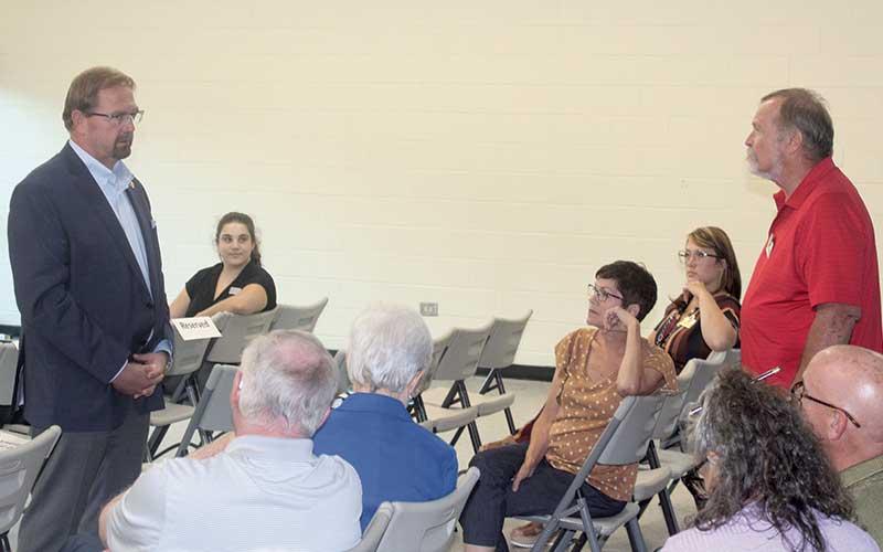 Press photo/Thomas Sherrill - U.S. Rep. Chuck Edwards speaks to a local group at the Robert Carpenter Community Building in Franklin on Thursday, Aug. 15.