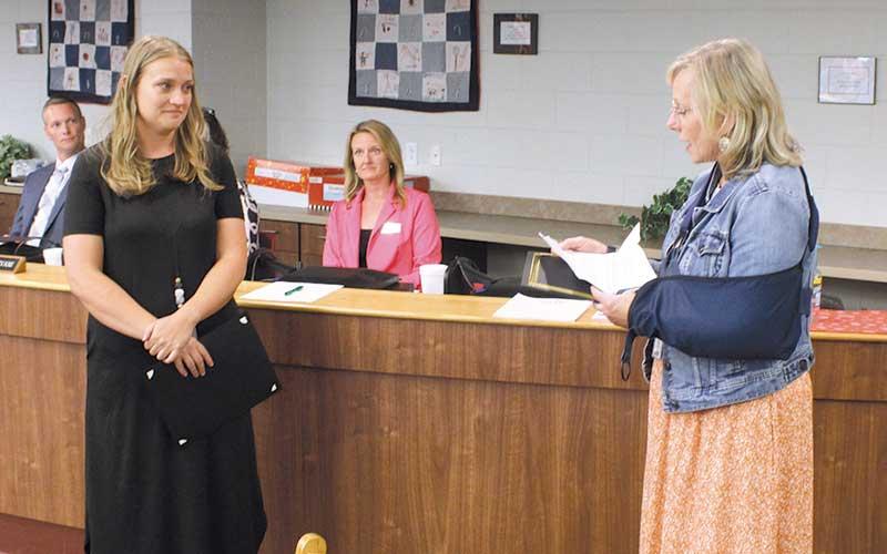 Press photo/Shelby Powell - Music Teacher Elise Parham (left) was given recognition as Teacher of the Year from Iotla Valley Elementary School Principal Michelle Bell (right) for her dedication and service to the school. Parham has managed a wide variety of performances for Iotla students that have led Bell to push for full-time music and art instruction. 