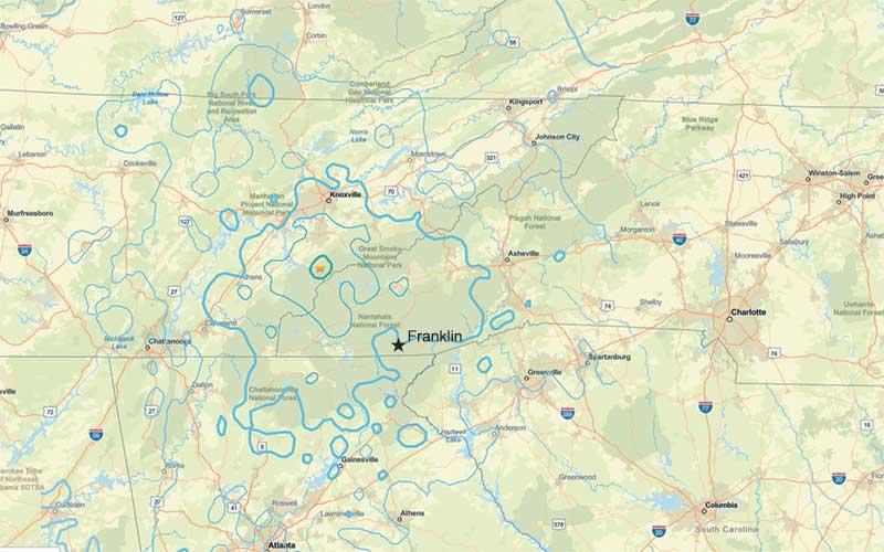 Map/USGS - A map showing the area of the earthquake felt in Macon County on May 10, 2025.