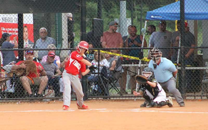 Press photo/Will Woolever - Franklin Little League baseball All-Star Rowen Keener looks a ball in versus Blue Ridge in the N.C. District 5 12U Championship June 30. Keener belted the pitch into the outfield for a first-inning standup triple.
