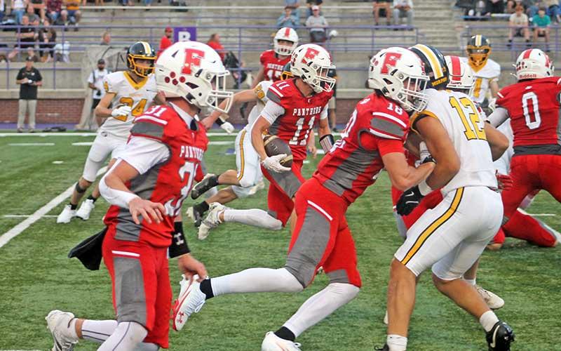 Press photo/Will Woolever = Sophomore Gabe Harrison returns a first-half kickoff.