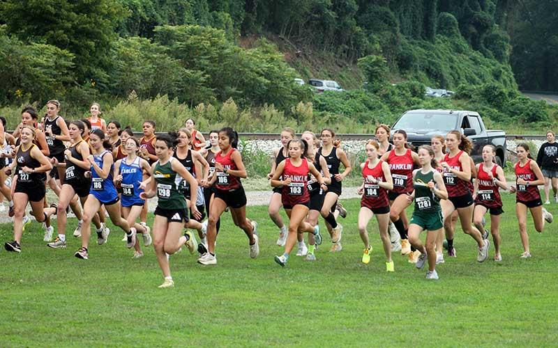 Press photo/Will Woolever - Panther women’s cross country leaves the starting line at the Cherokee Mother Town near Bryson City Sept. 13. From left are Amy Mendoza Lopez, Morgan Cress, Mindi Holbrooks, Breanna Pendergrass and Abigail Pope.