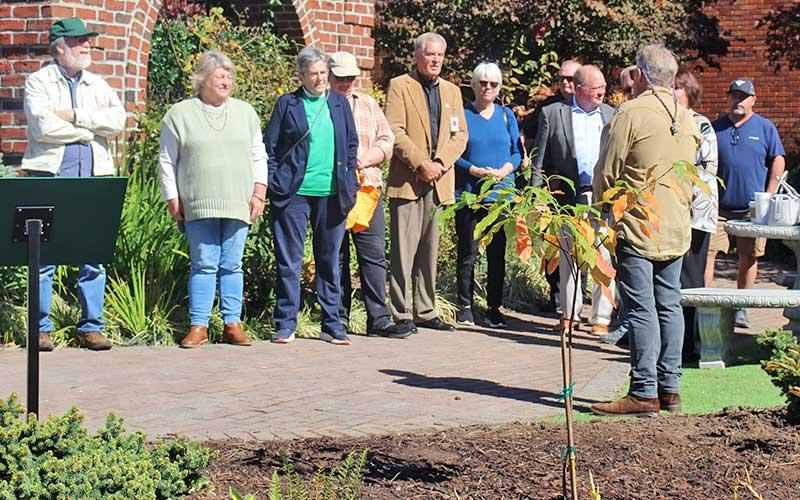 Press photos/Shelby Powell - Brent Martin of the Blue Ridge Bartram Trail Conservancy talks about the Franklin tree (in foreground) during a tree planting ceremony on Oct. 22.
