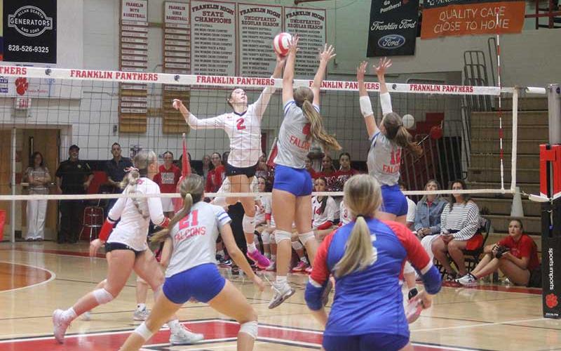(Press file photo) Junior Audrey Pressley lifts a ball over the net in Franklin’s regular-season finale versus West Henderson Oct. 6. The front-row standout was named to the Mountain Eight All-Tournament team after helping the Panthers win the conference final Oct. 15.