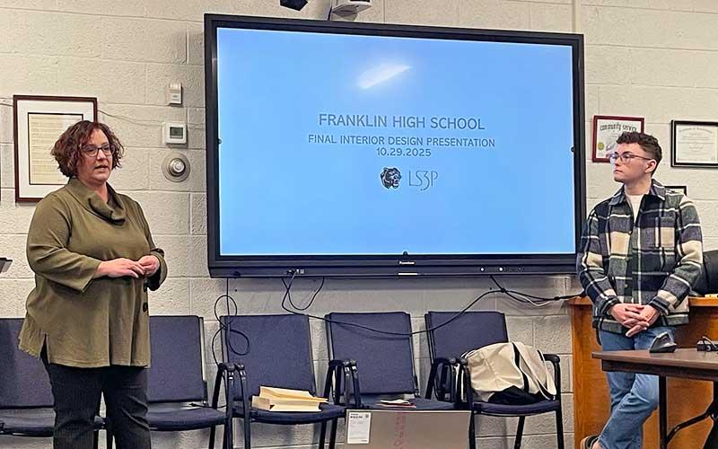 Press photo/Shelby Powell - Architect Emily Kite (left) and interior designer Trent Webb gave a presentation Oct. 29 on ongoing decisions on materials to be used for the new Franklin High School.