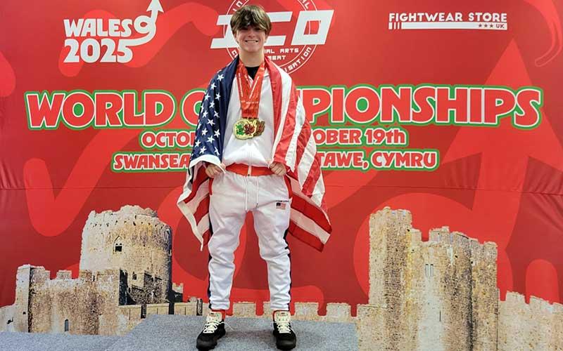 Photo submitted - Franklin High School sophomore Cooper Rogers shows off his numerous medals at the International Combat Organisation World Championships in Swansea, Wales, last month.