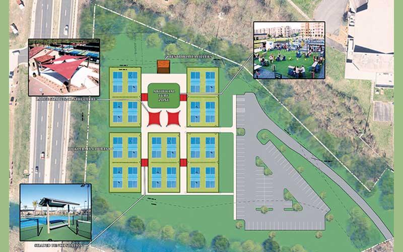 Drawing courtesy of Macon County - A new plan for the pickleball courts will establish 20 courts with green and blue pavement, two shade structures and an artificial turf zone for recreation and events with restrooms at the north end. A paved parking area is planned on the east side of the complex. The courts will take the place of the old softball field at the Rec Park, below Wendy's and across the creek from the community building.