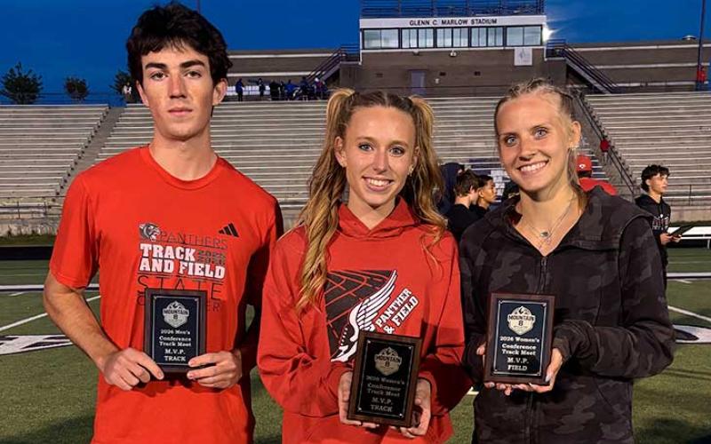 (From left) Men's Track MVP Jonas Phillips, Women's Track MVP Anna Timan and Women's Field MVP Kamden Reis show off their plaques after the Mountain Eight Conference Championship meet at North Henderson April 30. (Press photo/Will Woolever)
