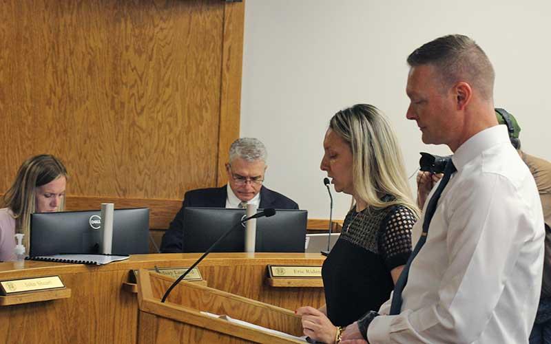 Press photo/Shelby Powell - Macon County School Chief Financial Officer Alayna Ledford and Superintendent Josh Lynch speak to the Macon County Board of Commissioners during a May 21 budget work session.