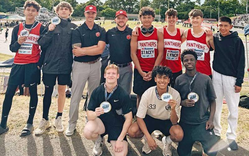 Members of MMS boys track and field show off their various medals at the NCRunners Middle School All-State meet in Concord May 2. (Photo submitted)
