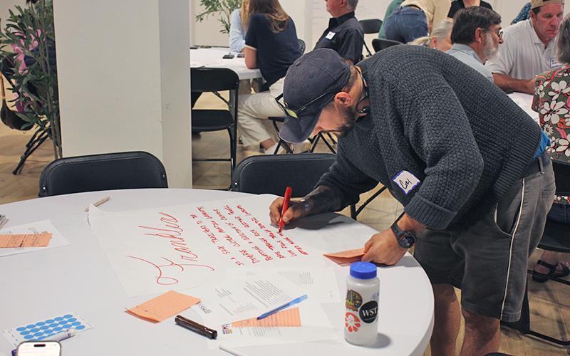 Press photo/Shelby Powell - Cory Spychalski of The Grove Hostel writes out a draft visioning statement for Franklin identifying its recreation, arts and culture as a draw for the town.