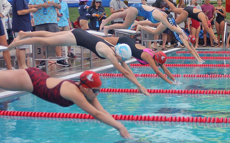 Girls aged 13-14 leave their starting blocks for the 50-yard freestyle. Credit: Press Photo/Will Woolever