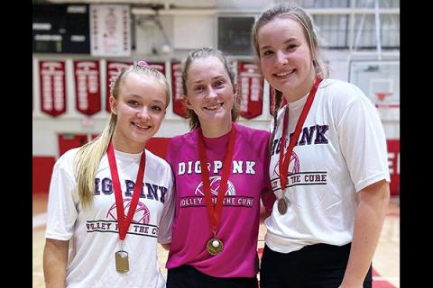 Photo submitted - Seniors, from left, Adrianne Duvall, Rhiley Bryson and Alison Knop were recognized last week for their career statistical achievements. “They deserved that night,” FHS coach Bekah Brooks said. 